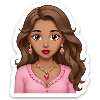 Woman,Medium brown skin,super long wavy hair, medium brown arched eyebrows, full lashes, red nude lips, diamond stud earrings, gold heart locket, pink shirt sticker
