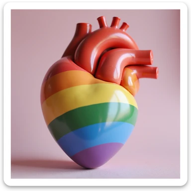a 3D realistic heart with a smooth surface and rainbow pride colors, photorealistic style sticker