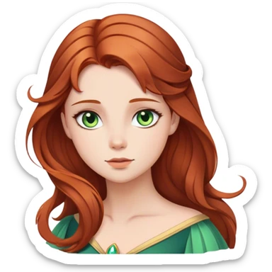 Cinematic Serene Sleeping Beauty Portrait Emoji, rendered in a simplified vector style. Depict a gentle Aurora (chest and above) with fair, glowing skin and softly cascading auburn hair, her expression calm and reflective, dressed in her timeless attire. The image exudes a soft, warm radiance with high shine and a subtle glowing outline. sticker