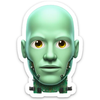 Pastel green bald male cyborg head with goatee and circuitry sticker