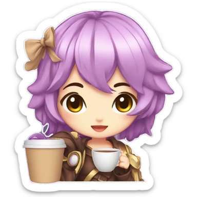 plutia drinking a coffee, anime, chibi, colorful sticker