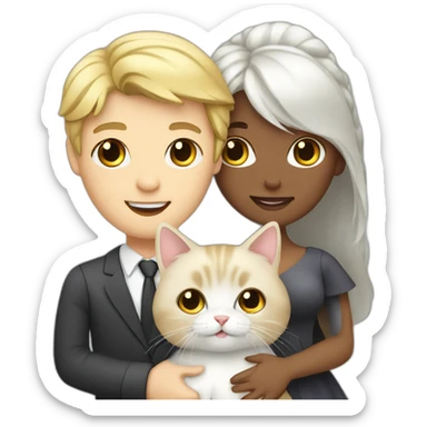 blond man, black hair white skin woman, marriage and holding gray cat sticker