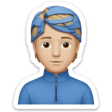 boy with dark blonde hair in a mullet with a neat blue shirt and quarter zip sticker