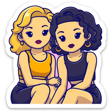 Full body of two teenage girls sitting together, one white with straight blonde hair and one brown-skinned with curly black hair, both with heavy makeup, big lips, crop tops, gold jewelry and flashy choni style outfits sticker