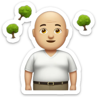 fat bald man wearing shirt with a tree sticker