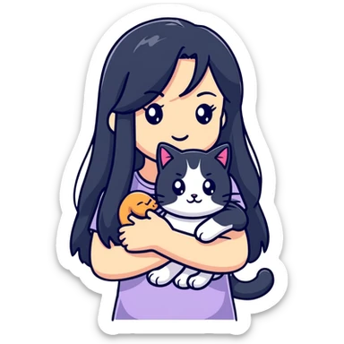 girl with long black hair holding a ginger cat sticker