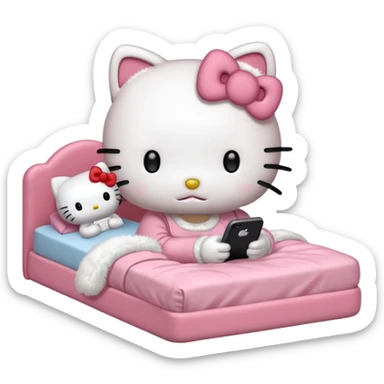 hello kitty without a mouth tucked into bed and using her phone sticker