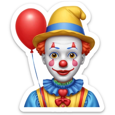 A clown who has a yellow hat, yellow clothes, blue neck ruffle, and a red balloon as his lips; sticker