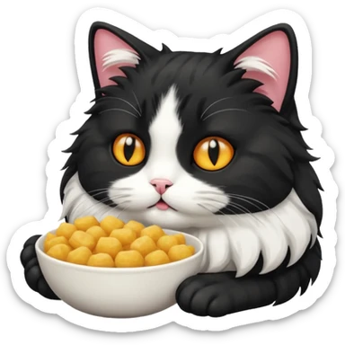 Fluffy black and white cat eating a lot sticker