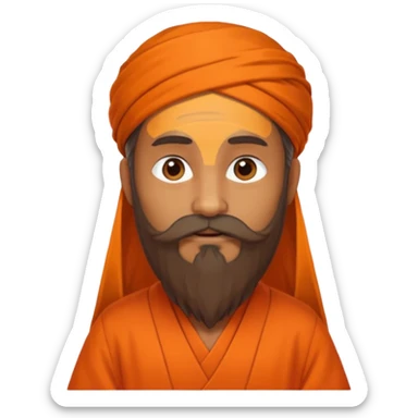 One astrologer sitting in orange color dress looking like a learned person, having beard sticker
