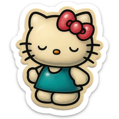 hello kitty sticker style, white head, pink bow, sleepy expression, teal dress sticker