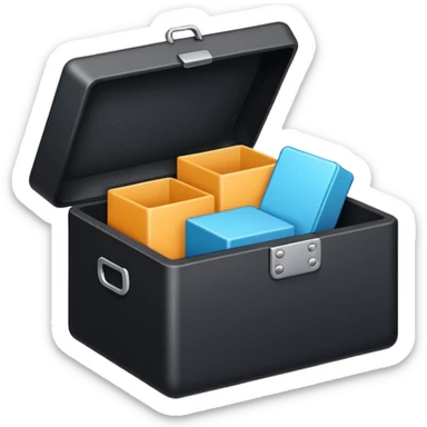 Minimalistic flat vector icon, iOS style, thin black contour on white background. Open box with neatly arranged objects inside. No text, no shadows.
 sticker