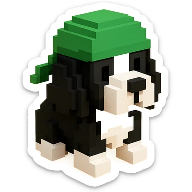 A black and white Russian Cocker Spaniel puppy wearing a green durag, voxel style, standing sticker