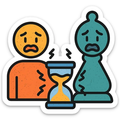 ultra-minimalist icon of two simple figures representing player and GM side by side, trembling clock or hourglass, extremely worn and eroded texture, anxious and stressed expressions, sense of terror sticker