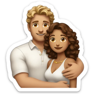 Indian woman with medium curly hair hugging a tall white man with brown hair in a white shirt sticker
