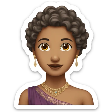 A girl with curly hairs. Skin tone is indian. Wearing a gown. Looking like a queen sticker
