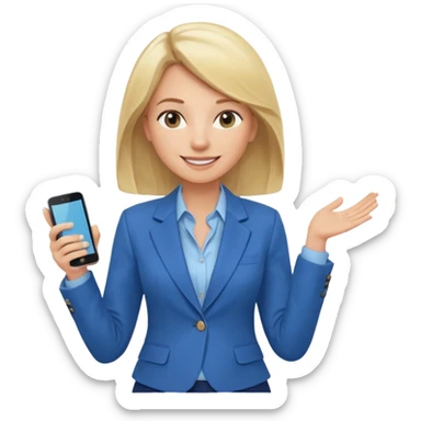 Confident and outgoing female entrepreneur, Caucasian features, shoulder-length blonde hair, big friendly smile, expressive eyes, wearing a blue blazer over a light blue blouse, holding a smartphone in one hand, waist-up, front-facing sticker