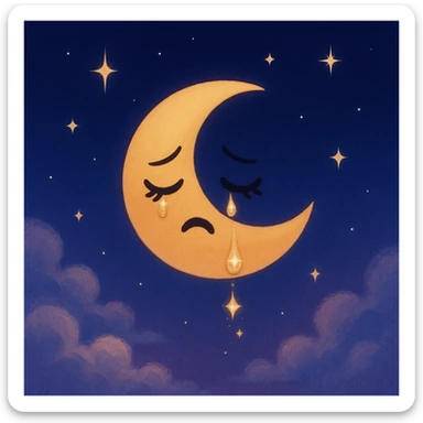 crescent moon emoji with closed eyes and tears, sparkles as falling tears, stars, navy-to-indigo gradient background, soft clouds, dreamy nightcore sad aesthetic sticker