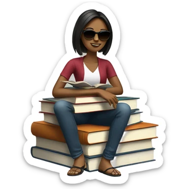 a women sitting on 14 books with sunglasses sticker