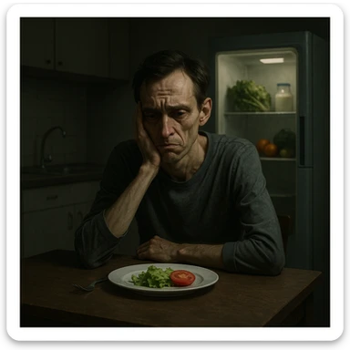 symbolic realism, cinematic lighting, muted color palette; thin, tired man alone at minimalist kitchen table, plate with lettuce and tomato, frustrated and weary, sunken eyes, cold empty kitchen, closed fridge with healthy foods inside, expressive face sticker