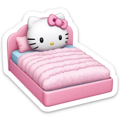 A bed with a hello kitty plushie on it  sticker