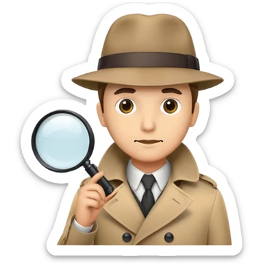 detective with magnifying glass, trench coat and hat sticker