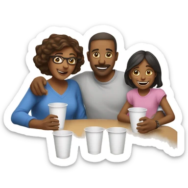 An emoji of a family—mother, father, and child—sitting at a table, playing a cup game with paper cups arranged on the table as they have fun together sticker