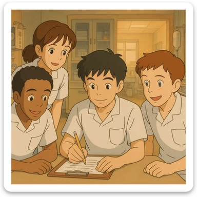 Scene of four students (features from references), working together in a medical environment, Ghibli style, white short-sleeve uniforms with V-neck, left chest pocket, no collar stand, no stethoscopes, no undershirts, friendly atmosphere. sticker