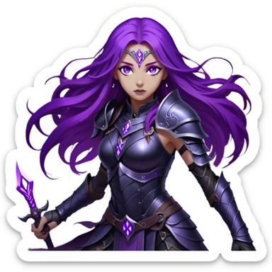 A mysterious warrior girl with long, flowing purple hair catching the dim light. Her glowing violet eyes stare forward, unwavering. She wears sleek black armor, adorned with silver runes that pulse faintly with hidden power. A dark mist swirls at her feet, hinting at the energy she commands. sticker