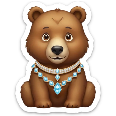 Brown bear on four legs with an elegant diamond collar that sparkles around its neck, gemstone collar, detailed jewelry sticker
