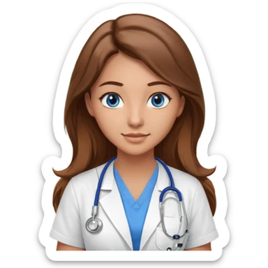 inside a classroom at university that says nursing school on the board with a pretty female nursing student with long brown hair, blue eyes sticker