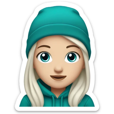 White girl, blue eyes, long teal hair, purple beanie hat, black hoodie sticker
