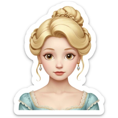 Cinematic Realistic Rococo Portrait, depicted with lifelike skin texture, subtle rosy undertones, and soft natural lighting that enhances the gentle contours of her face. Her intricately detailed golden blonde hair is elegantly styled in an updo, sticker