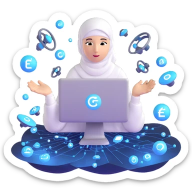 computer engineer with white hijab immersed in augmented reality, surrounded by floating metaverse elements, digital codes, virtual machines, tech graphics sticker