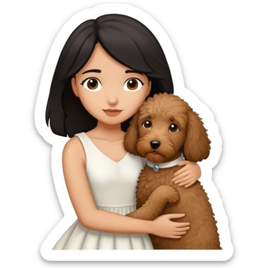 One girl with medium long black hair dressing white dress , hugging One little brown coated labradoodle. sticker
