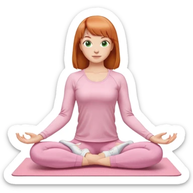 chin length ginger hair woman with bangs, green eyes, wearing long sleeve light pink yoga top, long flare light pink yoga pants, white sneakers, in gym, sitting on yoga mat sticker