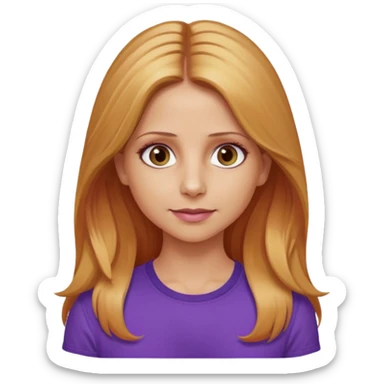 Sarah Michelle Gellar with hazel eyes, strawberry blonde long hair, purple shirt sticker