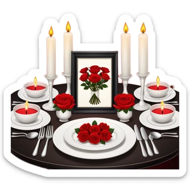 a chic restaurant, on the table there is a set of beautiful white dishes, candles are burning, next to it there is a bouquet of roses sticker