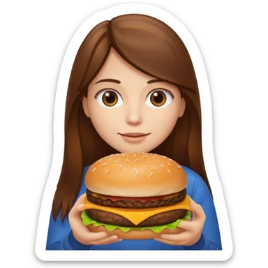 Person with long brown hair holding cheeseburger sticker
