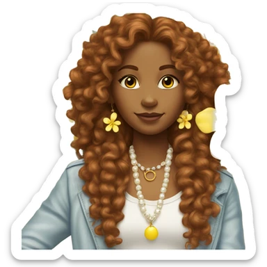 Brown skinned girl, long curly ginger hair, pearl earrings, bling tennis necklace, yellow Hawaiian flower in hair,  sticker