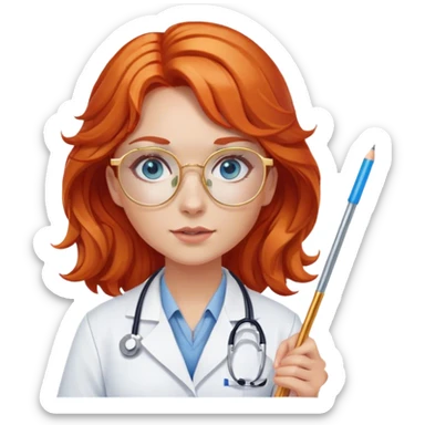 Girl doctor wavy orange red hair blue eyes in gold glasses . And  pointer sticker