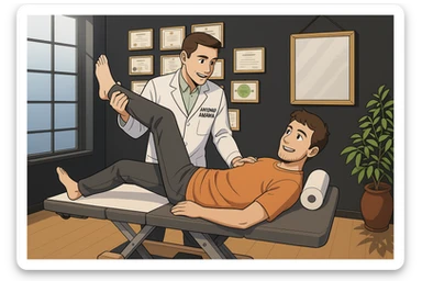 su questo lettino rappresenta un webtoon manga a colori con questo stile, in cui un uomo è steso sul lettino medico e il kinesiologo con il camice bianco (fagli anche la scritta "ANTONIO ANANIA" SUL CAMICE, gli solleva una gamba per fargli il test neuromuscolare, IL KINESIOLOGO SPIEGA ALL'UOMO UNA cosa mentre gli alza la gamba. l'espressione dell'uomo è felice e soddisfatta, non fare i fumetti però, fai solo in modo che sembri stiano parlando sticker
