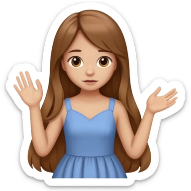 fake costumer loyalty, girl that doesn't care, she is like whatever, brown long hair, cute dres and her hand showing like i dont care whateve sticker