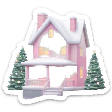 Pastel pink Christmas house with Christmas lights and evergreen trees sticker