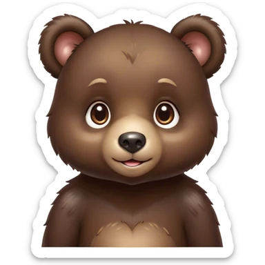 Cinematic Cute bear cub Portrait Emoji, Head tilted playfully and inquisitively, featuring a glossy dark brown fur with a natural sheen and round, sparkling eyes filled with gentle curiosity, Simplified yet irresistibly adorable features, highly detailed, glowing with a warm, friendly glow, high shine, affectionate and mighty, stylized with a touch of woodland whimsy, bright and endearing, soft glowing outline, capturing the essence of a mischievous yet loving bear cub, so playful it feels like it could amble out of the screen and into your arms! sticker