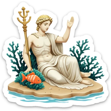 sunken on sand, white greek statue, broken, include water and coral in the sea, sea weed, fish sticker