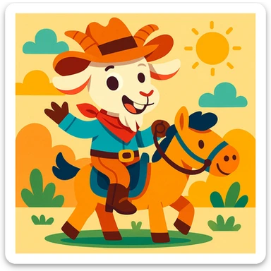 a goat in cowboy attire, riding a tiny horse, humorous and cute, vibrant colors sticker