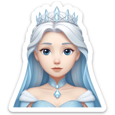 Cinematic Timeless Snow Queen Portrait Emoji, rendered in a clean, vector style. Depict Elsa with icy pale skin, intricately styled platinum hair, and a serene, regal expression, dressed in a minimalist ice-blue gown. The design features bold, simplified shapes, a soft, drowsy crystalline glow, and a subtle glowing outline, capturing the essence of timeless, majestic winter beauty. sticker