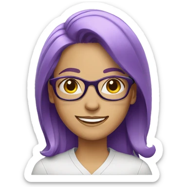 white woman wearing glasses, with purple hair smiling sticker