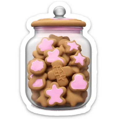 Realistic glass cookie jar with light pink lid full of gingerbread cookies isolated.  sticker
